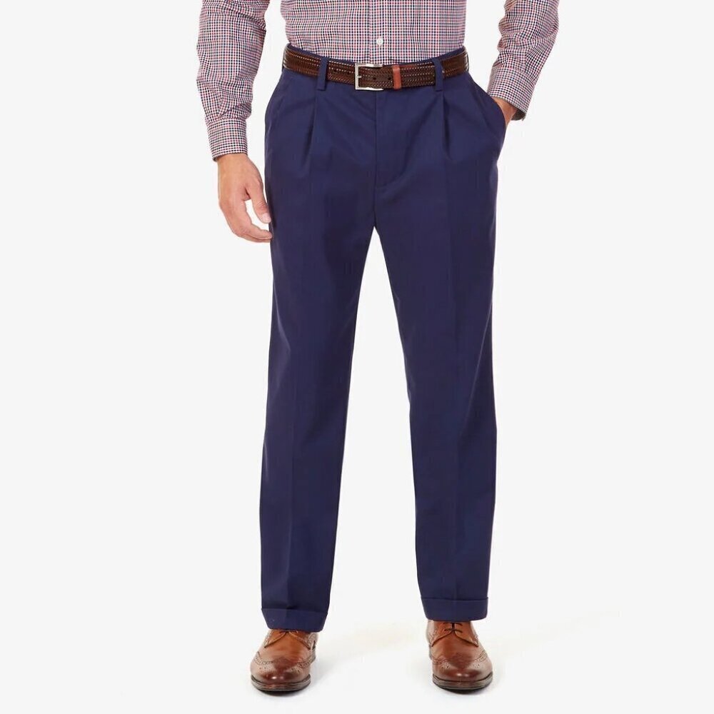 New Nautica Mens Rigger Classic Fit Double Pleat Pants 34x32 Navy Blue Cuffed